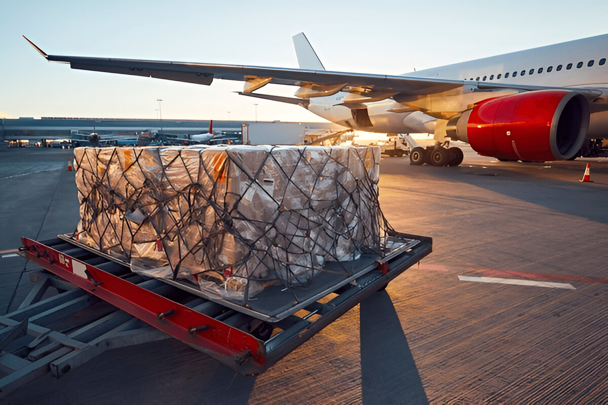 Avion cargo sur une piste au coucher du soleil
