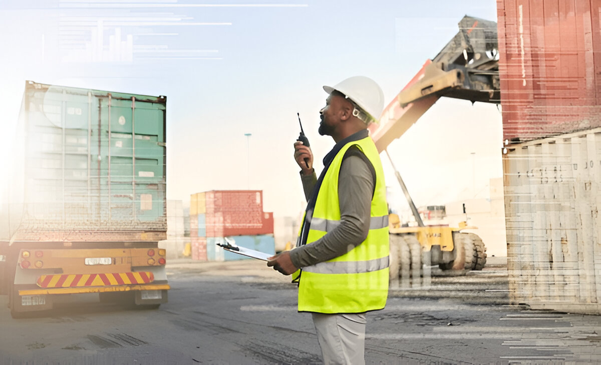 Superviseur logistique avec radio et presse-papier sur un quai de conteneurs